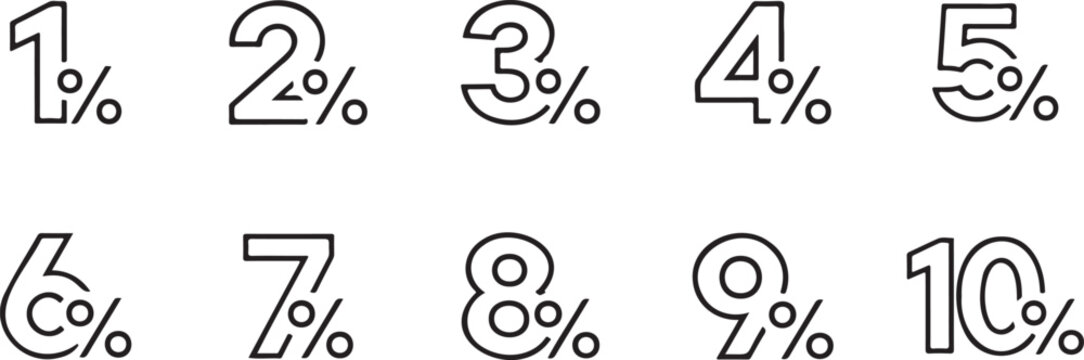 Percentage symbols in sequential order from one to ten, transparent silhouette numbers percentages