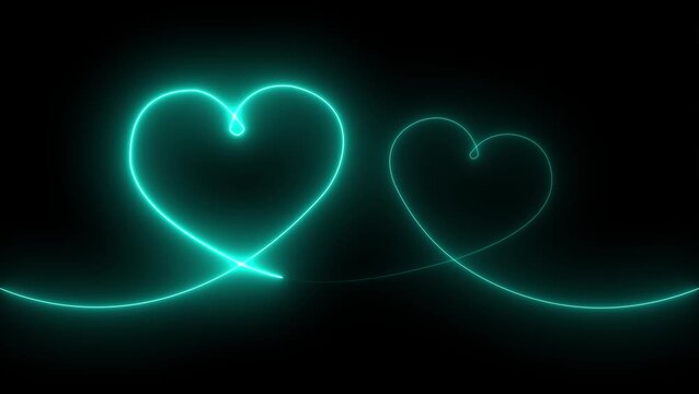 chine color neon glowing Two love hearts concepts. Valentine's Day indicate. Love One line drawing concept. love card neon glowing icon. Bright glowing neon valentines love heart symbol animation.