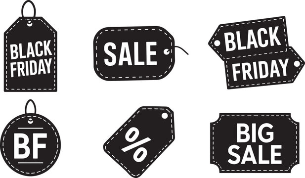 Set of six black friday sale tags and shopping symbols, transparent background