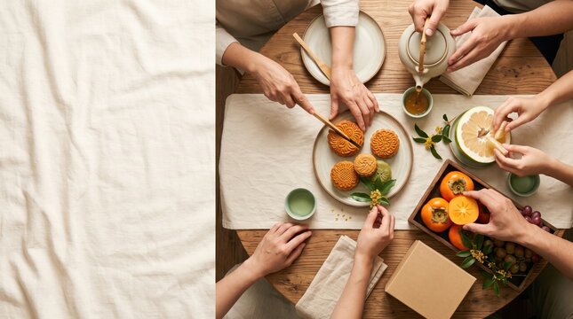 Family and friends gathering for Mid-Autumn Festival sharing mooncakes and tea around a table