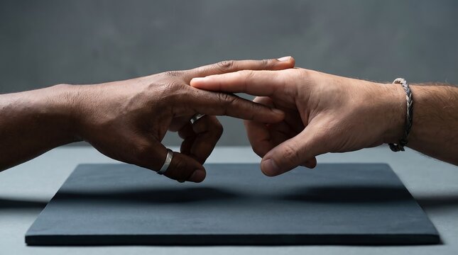 Two diverse hands touching fingers in a symbolic gesture of unity and connection.