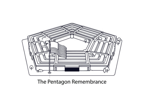Architectural line drawing of the pentagon building with flag, pentagon