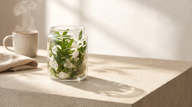 A glass jar filled with fresh green leaves and white flowers sitting on a stone table with a steaming cup of tea.