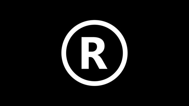 Registered trademark sign on black background. trademark copyright symbol. trade mark sign. R sign, R symbol animation on black background.