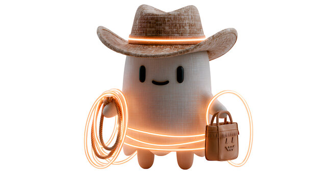 Cute cartoon cowboy ghost with glowing lasso and trick or treat bag isolated on transparent background