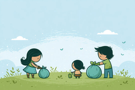 Children Collecting Trash Bags Together Outdoors