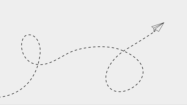 Simgle paper plane with dotted line. paper airplane routes. one paper airplane doodle. travel path. travel sign. vector illustration 4k video animation.