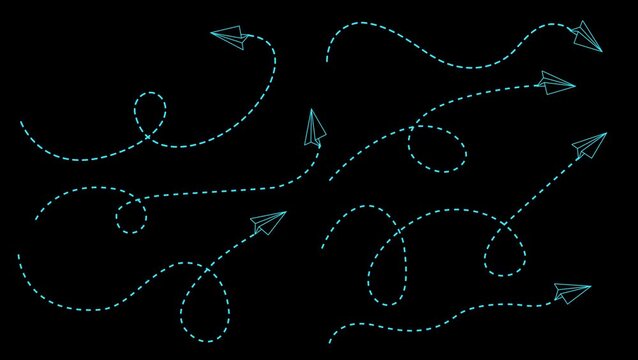 Paper plane with dotted line. paper airplane routes. paper airplane doodle. travel path. travel symbol. vector illustration 4k video animation.