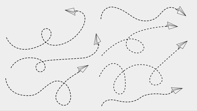 Paper plane with dotted line. paper airplane routes. paper airplane doodle. travel path. travel symbol. vector illustration 4k video animation.