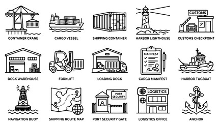 Logistics and maritime shipping icons set, 15 harbor port line art illustrations, cargo vessel and warehouse vector graphics for global trade © Rosie