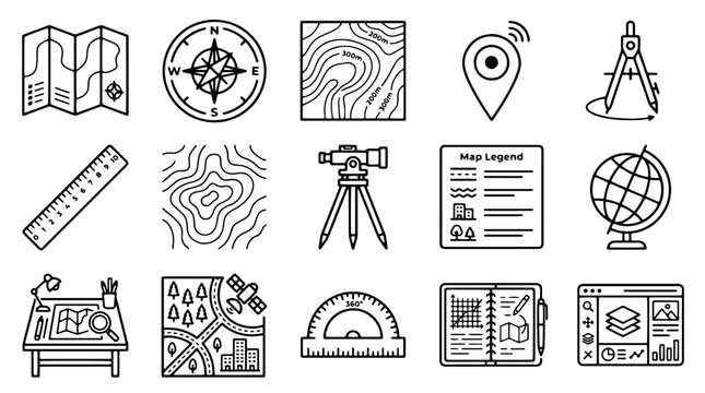 Cartography and land surveying line icon set, 15 professional geography and map making vector elements, topographic engineering tools