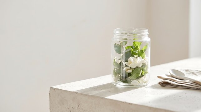 Fresh mint leaves and white jasmine flowers inside a glass jar on a stone table.