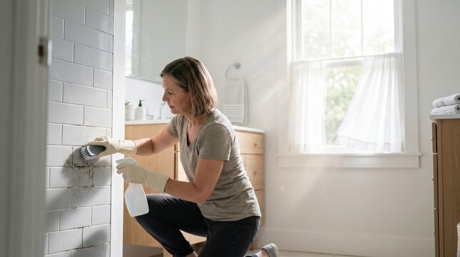 A woman wearing protective gloves kneels to scrub stubborn dirt from white subway tiles in a bright, modern bathroom using a cleaning brush and spray bottle.