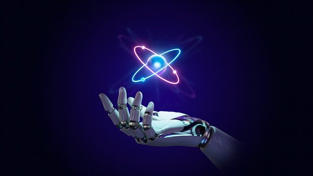 Robotic hand reaching upward holding glowing atomic structure symbolizing advanced technology artificial intelligence and innovation