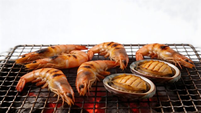 Grilled shrimp and abalone on a grill