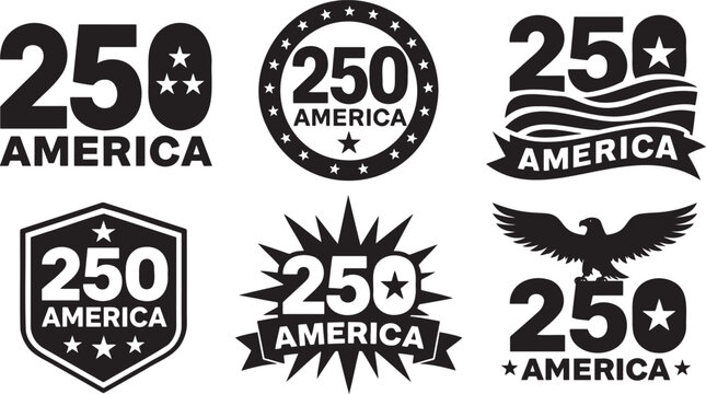 Set of six military-inspired emblems featuring stars, eagle, explosion, and shield with 250 america theme, transparent background