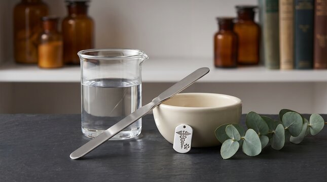 A laboratory setup featuring a beaker, spatula, mortar, and medical caduceus symbol.