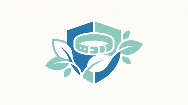 Eco friendly pet collar logo design featuring a shield icon and green leaves.
