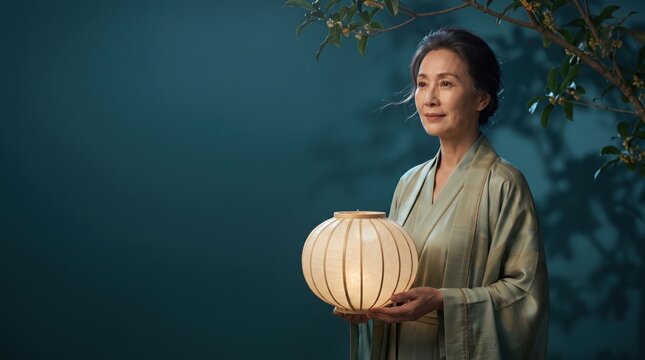 Elegant East Asian woman holds glowing lantern during Mid Autumn Festival celebration outdoor