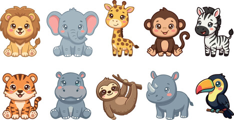 Cute jungle safari animals vector sticker set with cartoon baby lion elephant giraffe monkey tiger zebra and sloth isolated on white background. © Sumaiya Akter Sweety