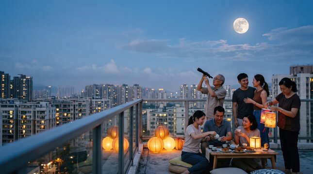 Family celebrates Mid Autumn Festival observing full moon with telescope and lanterns