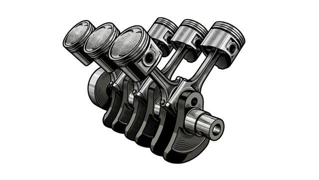 vector illustration of a V8 engine assembly showing pistons rods and crankshaft mechanism.