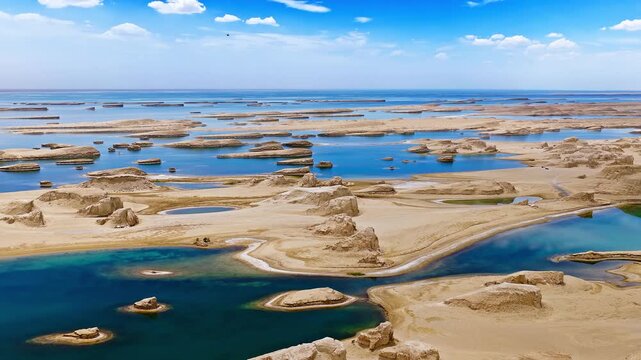 Aerial view of unique water yardang landforms in a turquoise lake in Qinghai, China