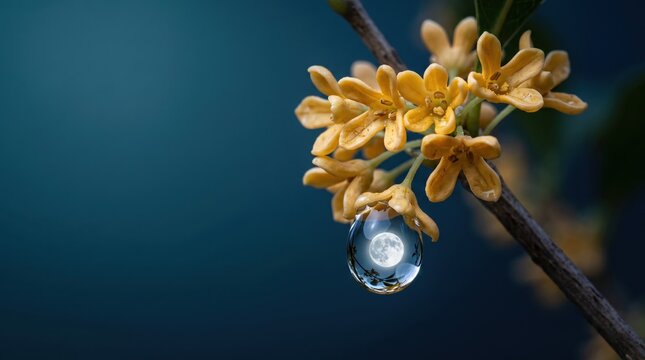Full moon reflection in water droplet on osmanthus flower branch, Mid-Autumn Festival tradition