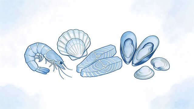 Seafood illustration with shrimp and fish