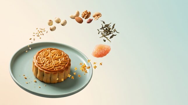 Mid Autumn Festival mooncake with ingredients floating around a dusty blue plate