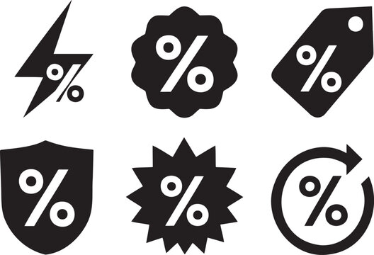 Set of six percentage, discount, and sale symbol with transparent background