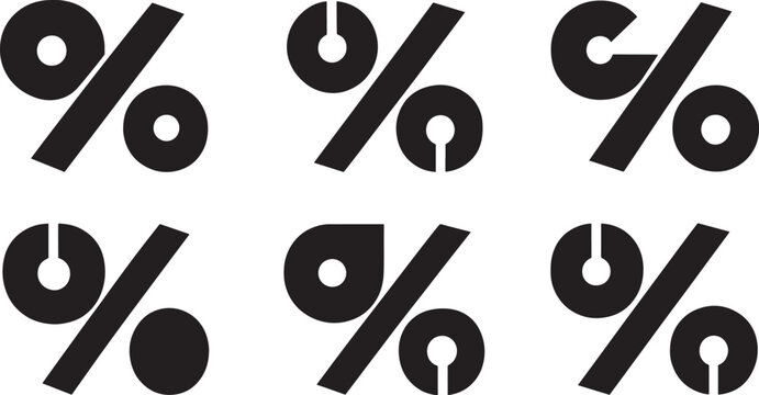 Set of six percentage symbols in black silhouette, transparent background