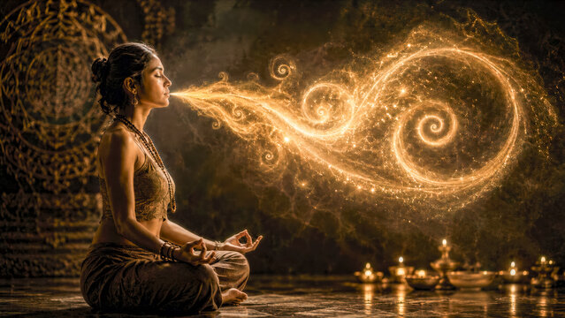 Woman practicing yoga with exhale visualized as a flowing ribbon of golden shimmering mist in Fibonacci spirals