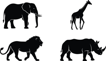 African safari wildlife animals icon set featuring walking elephant giraffe lion and rhinoceros black silhouette graphic vector © MdRakib