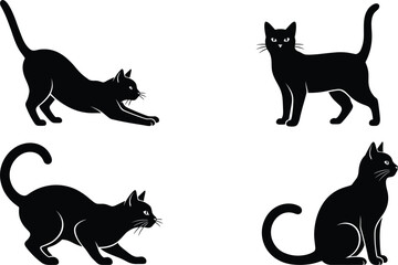 Black cat silhouettes set in various poses stretching standing sitting and stalking vector illustration collection on white background © MdRakib