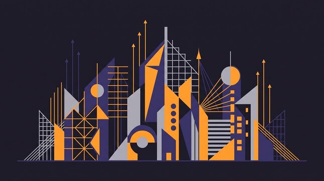 Abstract geometric cityscape illustration with modern buildings and skyline on a dark background.