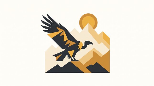 Minimalist vector illustration of a vulture perched on mountain peaks with a sun background.