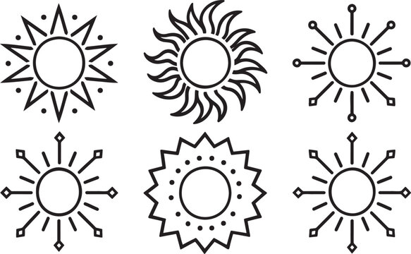 Six stylized sunburst explosion with rays, transparent background