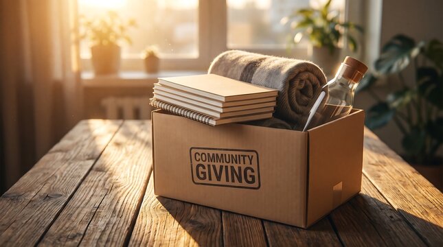 Cardboard box filled with donations for community giving project on a wooden table.