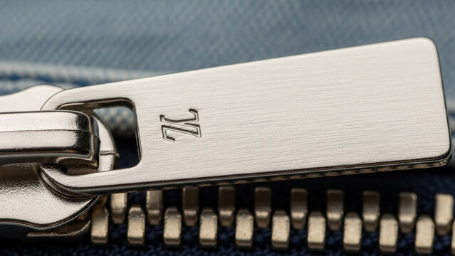 High quality silver metal zipper on denim fabric with logo close up for fashion and clothing details