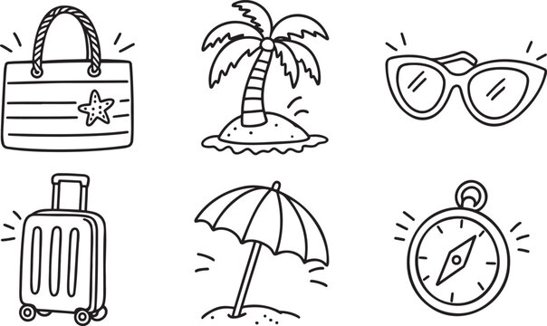 Travel essentials set, flat silhouettes of luggage, beach sunglasses, and watch