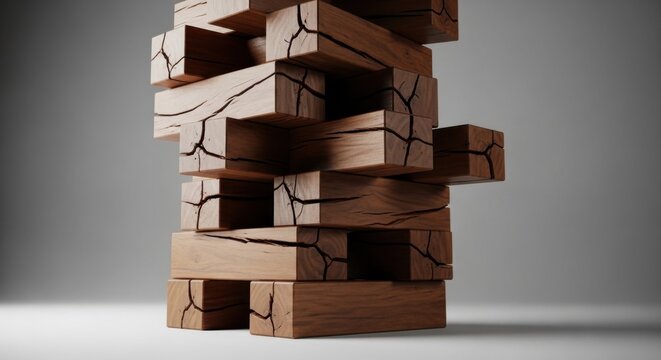 Unstable wooden block tower with cracks and gaps.