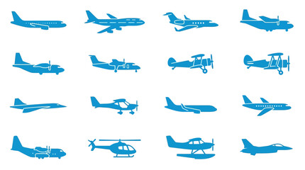 Blue Vector Airplane and Helicopter Silhouettes Set for Aviation Transport Design, Flight Travel and Aerospace Logistics © arjunaa.art