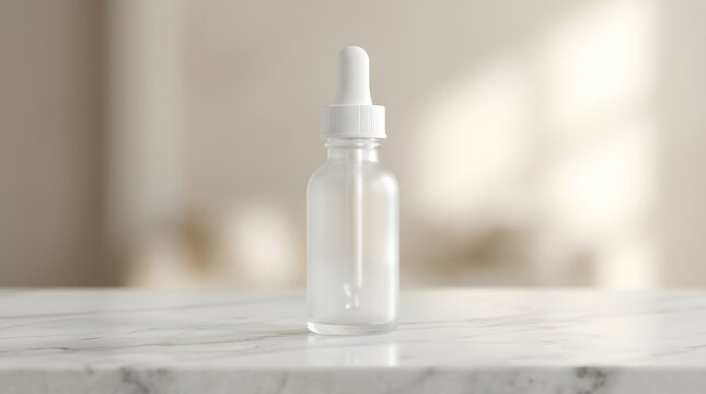 Empty glass dropper bottle on marble table with skincare cosmetic packaging essential wellness
