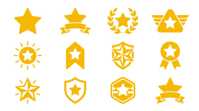 Set of twelve golden star award badges with ribbons and geometric frames for rating achievement or professional performance quality icons