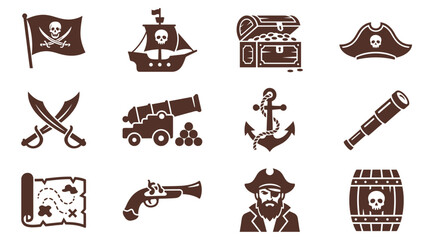 Pirate Adventure Vector Icon Set Featuring Treasure Chests, Sailing Ships, Jolly Roger Flags, and Nautical Captain Equipment © arjunaa.art
