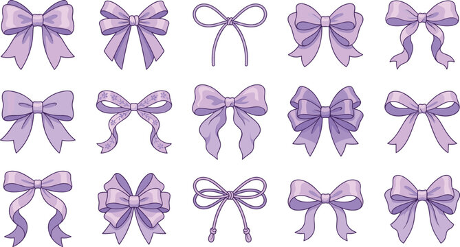 Cute purple ribbon bow vector illustration set isolated on white background for coquette aesthetic feminine decoration gift wrapping and cards.