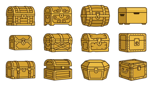 Vector collection of golden treasure chests and a wooden barrel for game assets, RPG items, and adventure loot icons