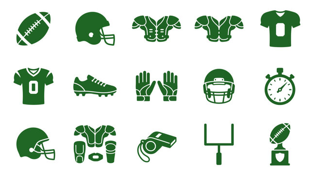 Green American Football Equipment Icons Set Featuring Protective Gear Uniforms Ball Whistle Goal Post and Training Stopwatch Graphics