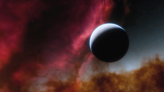 Deep space exploration of alien exoplanet in another solar system with beautiful nebula and galaxy animation in 4K Ultra HD footage.
